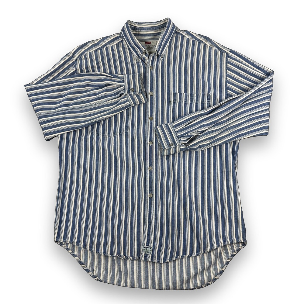 Vintage 90s Levis Silver Tab Striped Denim Workwear Shirt Blue White 1996 Large